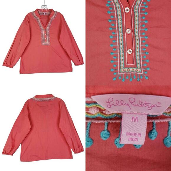 Lilly Pulitzer Tops - Lilly Pulitzer Tunic Top Shirt Pink Coral Women’s Size Medium M Embroidered